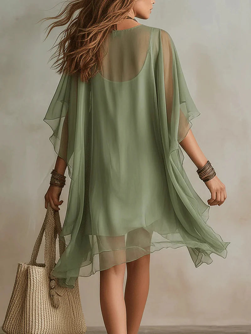 Vestido Mini Fluido de Chiffon Verde con Escote en V