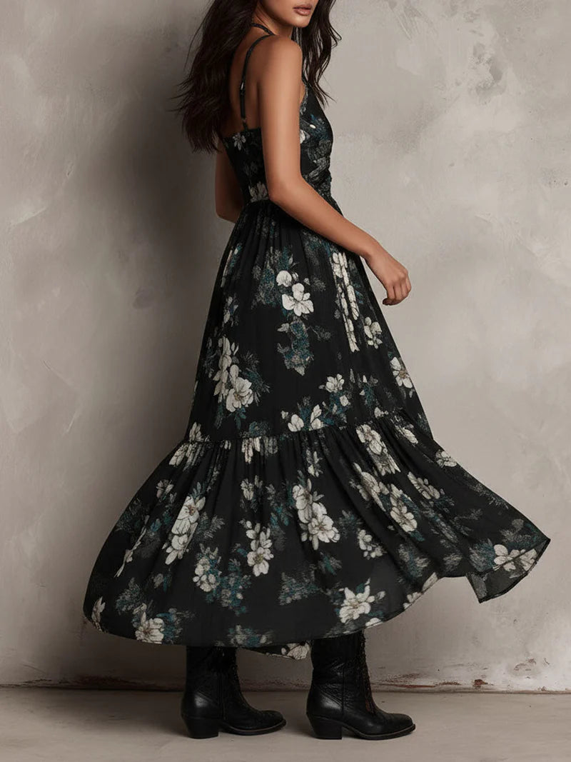 Vestido Maxi Asimétrico sin Tirantes con Estampado Floral Bohemio Negro