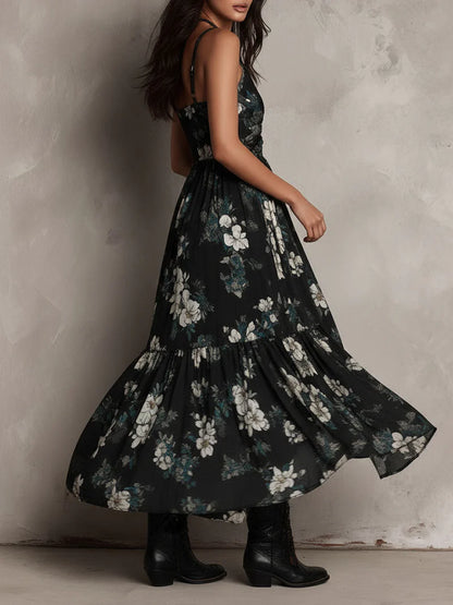 Vestido Maxi Asimétrico sin Tirantes con Estampado Floral Bohemio Negro