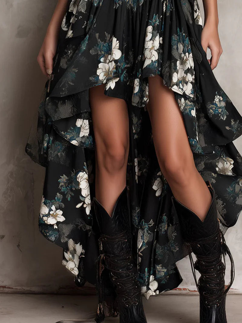 Vestido Maxi Asimétrico sin Tirantes con Estampado Floral Bohemio Negro