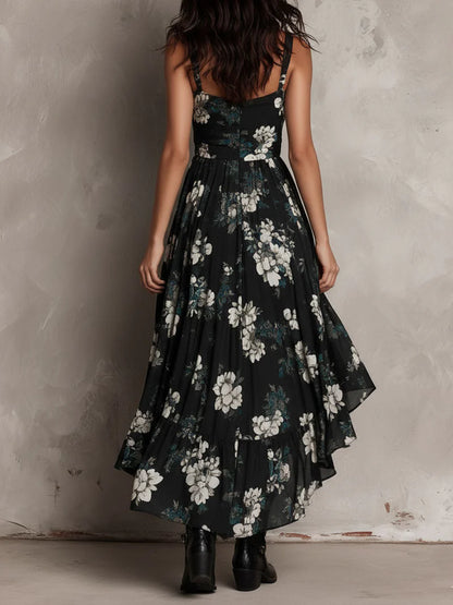 Vestido Maxi Asimétrico sin Tirantes con Estampado Floral Bohemio Negro