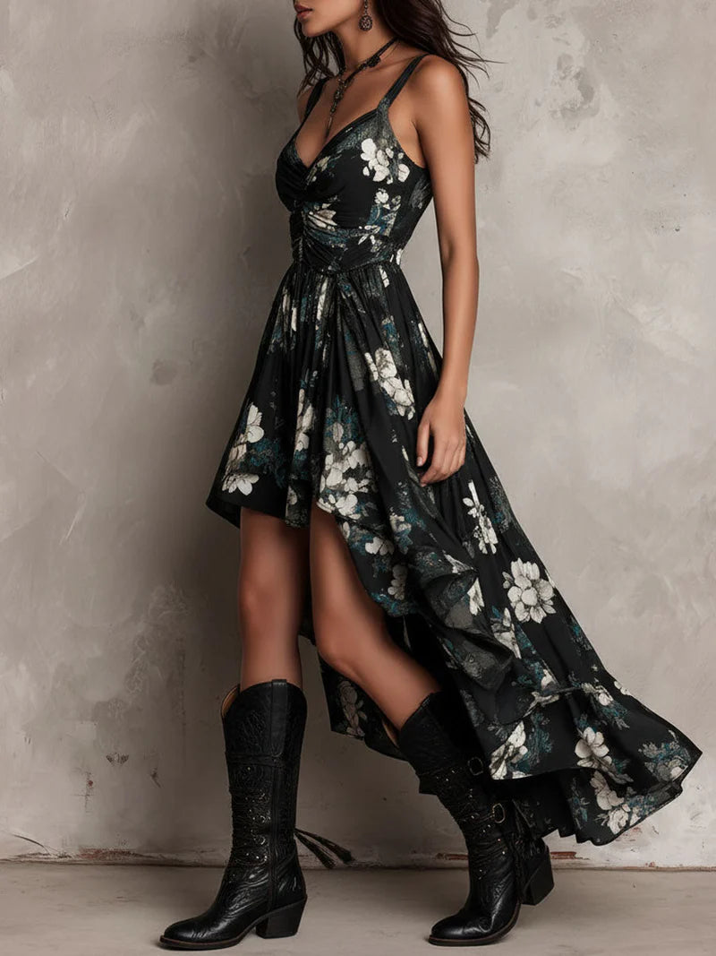 Vestido Maxi Asimétrico sin Tirantes con Estampado Floral Bohemio Negro