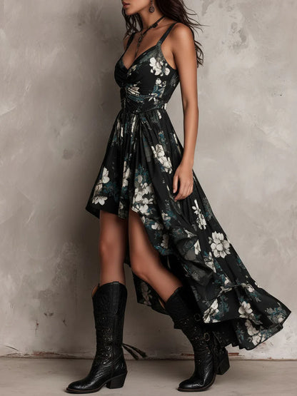 Vestido Maxi Asimétrico sin Tirantes con Estampado Floral Bohemio Negro