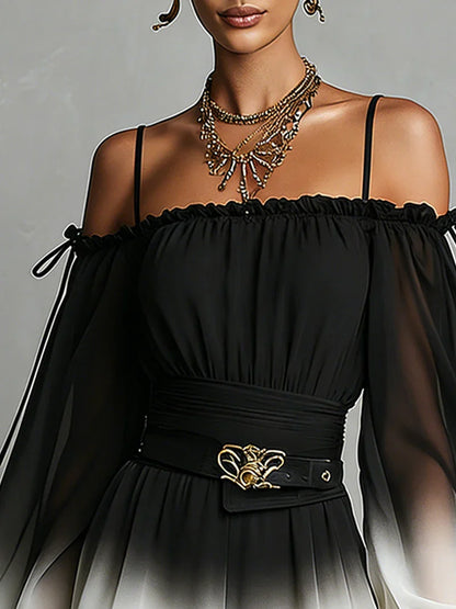 Cloe Mono de Chiffon Blanco y Negro con Degradado, Escote Bardot y Cinturón a la Cintura