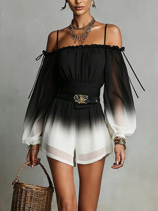 Cloe Mono de Chiffon Blanco y Negro con Degradado, Escote Bardot y Cinturón a la Cintura