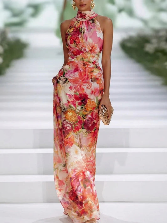 Patricia Vestido Maxi Rojo de Chiffon sin Mangas con Escote Halter