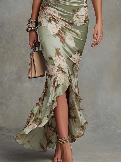 Vestido Maxi Asimétrico de Satén Verde con Estampado Floral, Escote en V y Mangas Acampanadas con Volantes