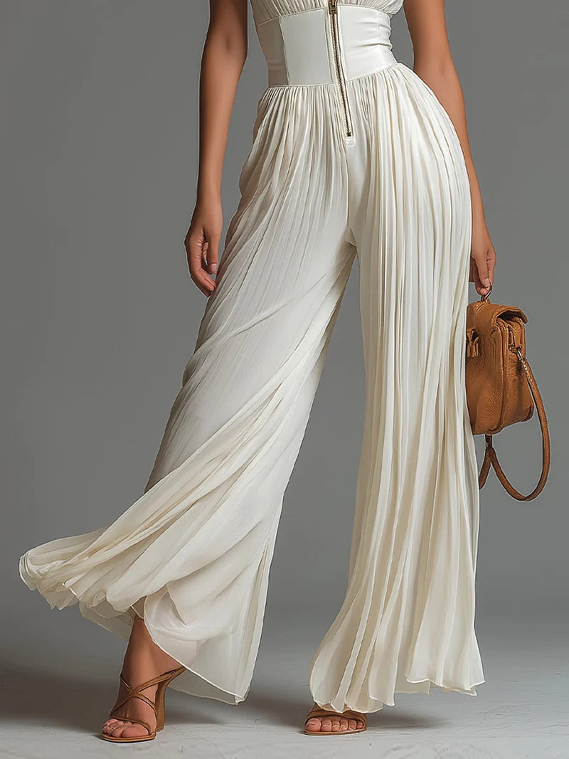 Mono Blanco de Chiffon sin Mangas con Cremallera, Pliegues y Pernera Ancha