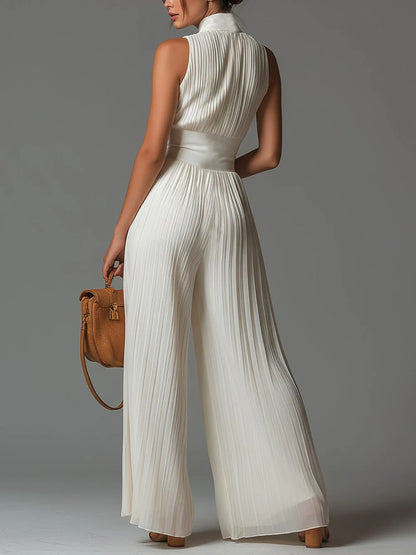 Mono Blanco de Chiffon sin Mangas con Cremallera, Pliegues y Pernera Ancha