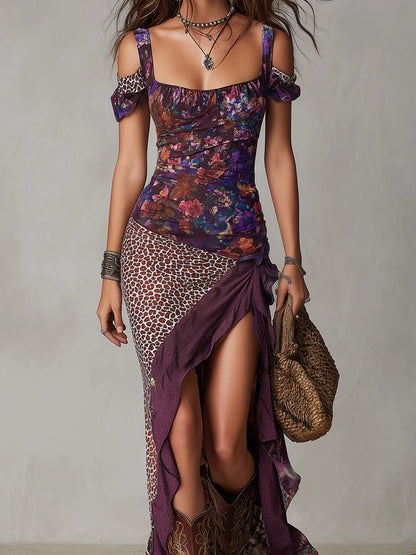Vestido Maxi de Estilo Nómada Urbano con Estampado de Leopardo y Flores de Cuello Alto