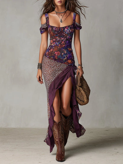 Vestido Maxi de Estilo Nómada Urbano con Estampado de Leopardo y Flores de Cuello Alto