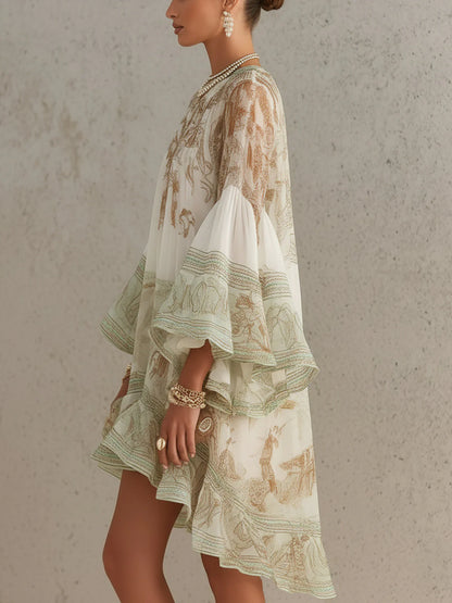 Vestido Mini de Chiffon con Rayas y Mangas con Volantes Verde
