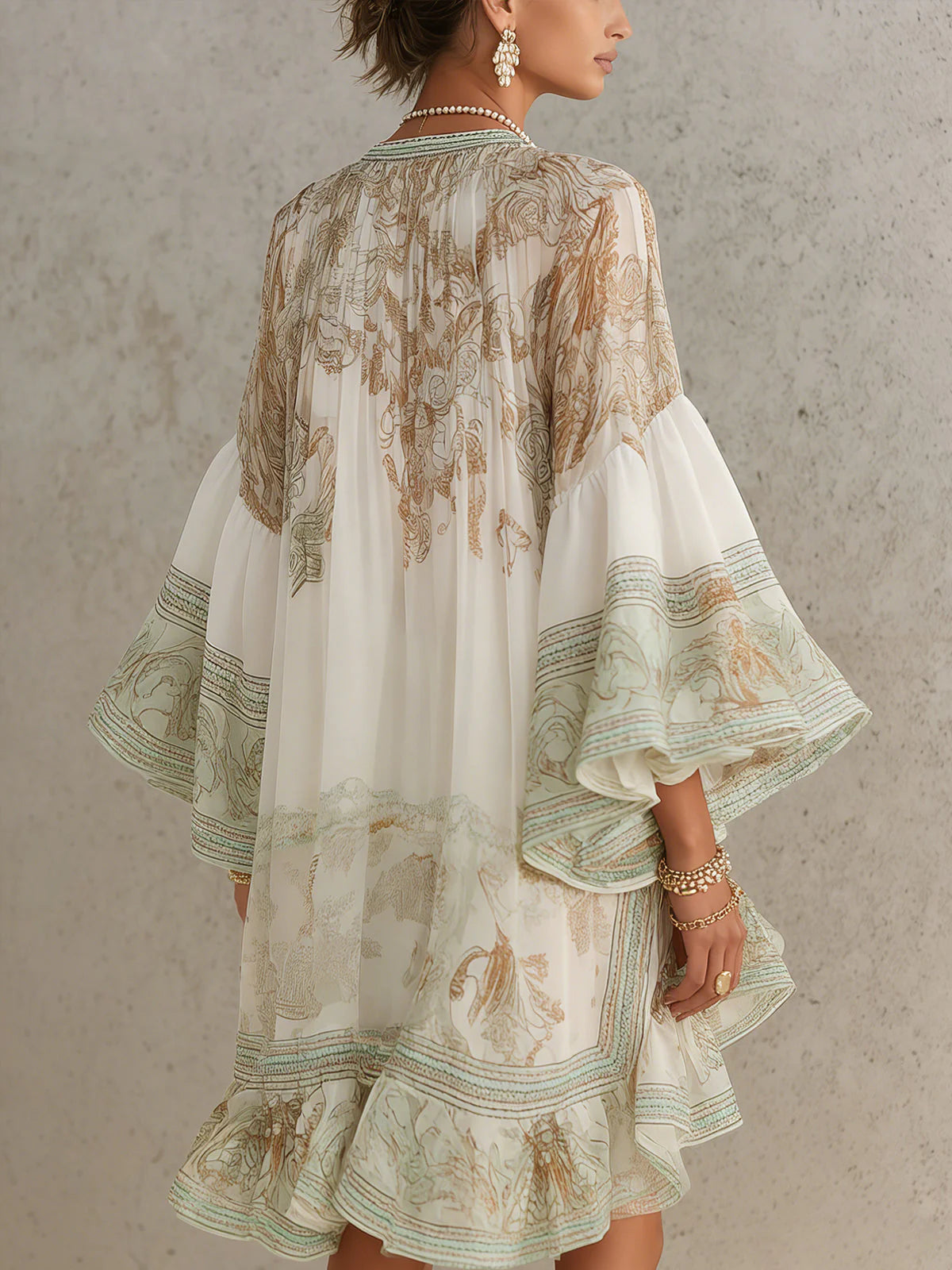 Vestido Mini de Chiffon con Rayas y Mangas con Volantes Verde