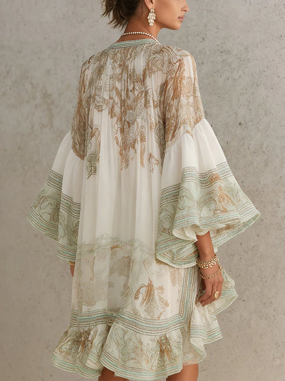 Vestido Mini de Chiffon con Rayas y Mangas con Volantes Verde