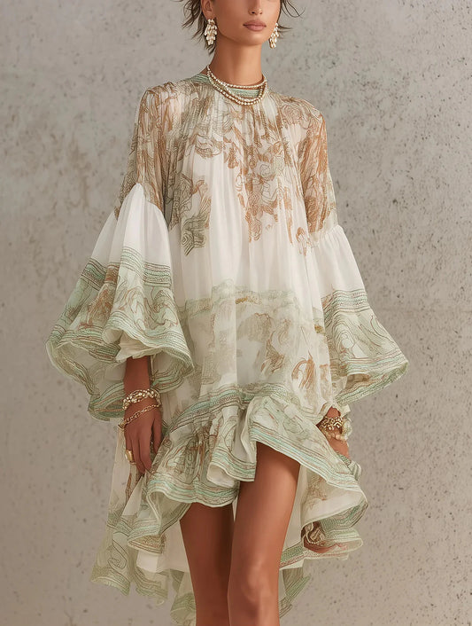 Cristina Vestido Mini de Chiffon con Rayas y Mangas con Volantes Verde