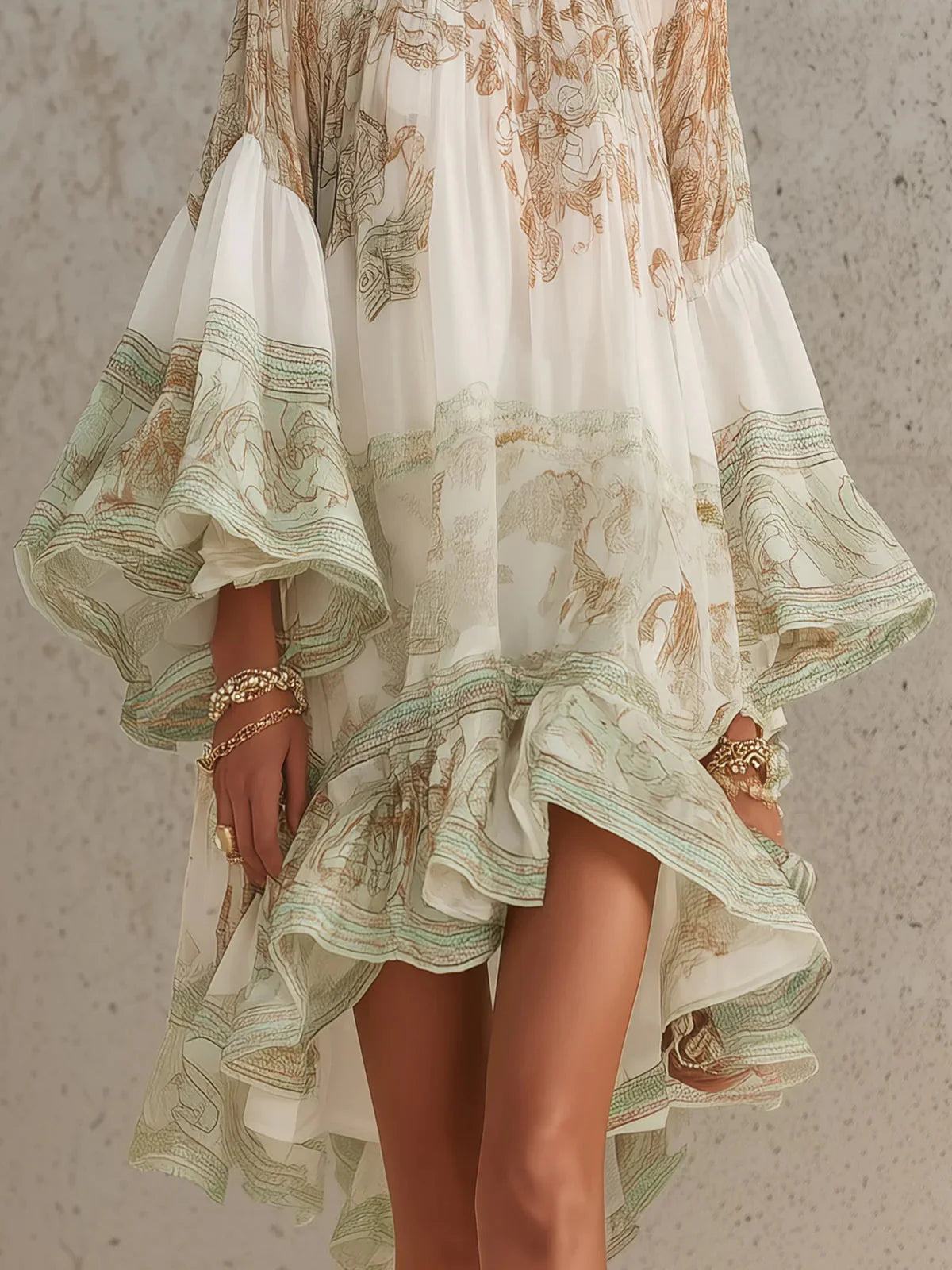 Vestido Mini de Chiffon con Rayas y Mangas con Volantes Verde