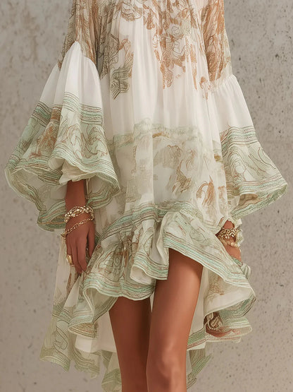 Vestido Mini de Chiffon con Rayas y Mangas con Volantes Verde