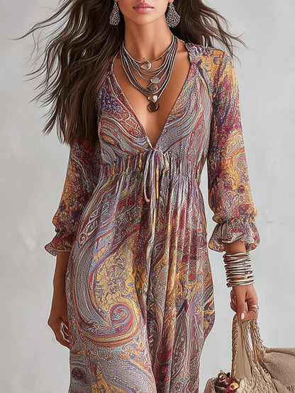Vestido Maxi de Chiffon con Estampado Paisley y Escote en V