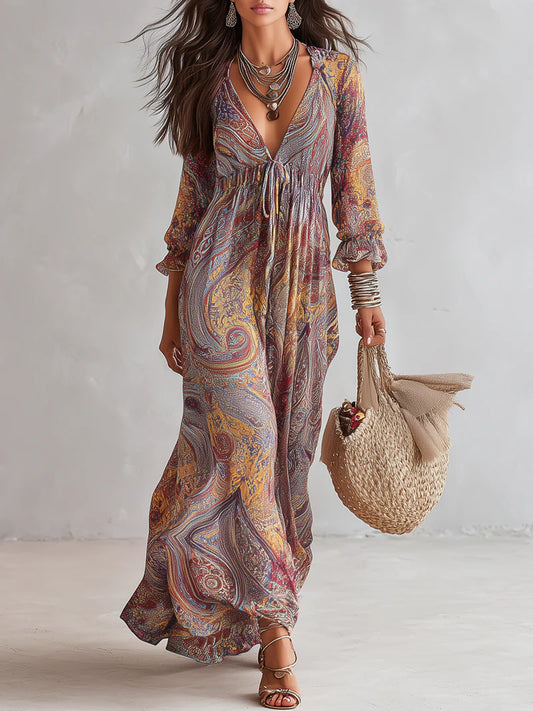 Laura Vestido Maxi de Chiffon con Estampado Paisley y Escote en V