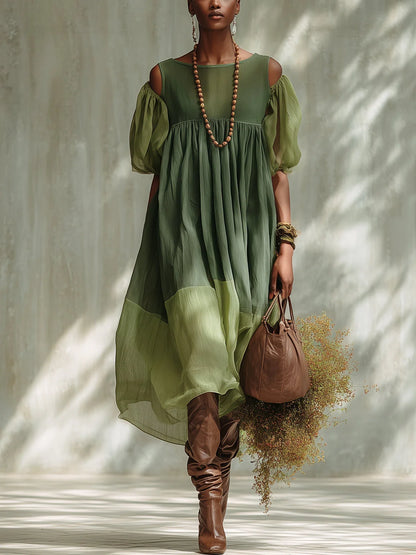 Vestido Midi de Chiffon Verde con Escote Bardot y Manga Corta Precio de oferta