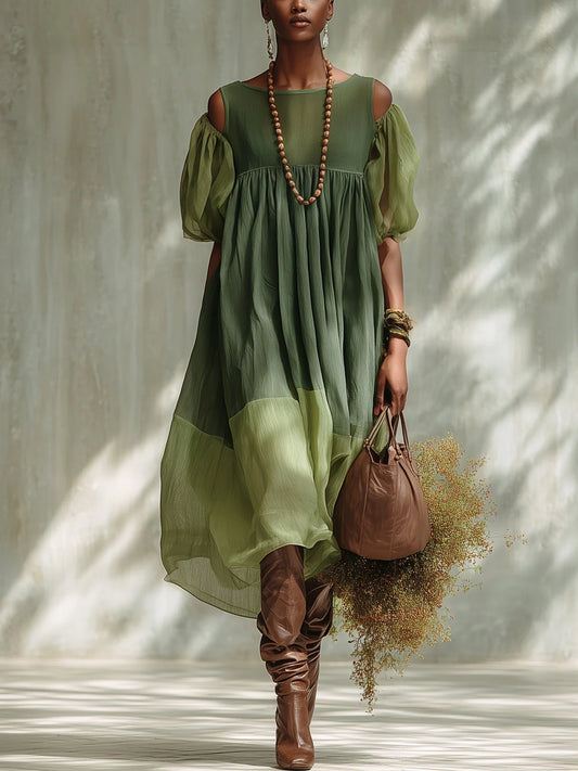 Gloria Vestido Midi de Chiffon Verde con Escote Bardot y Manga Corta Precio de oferta