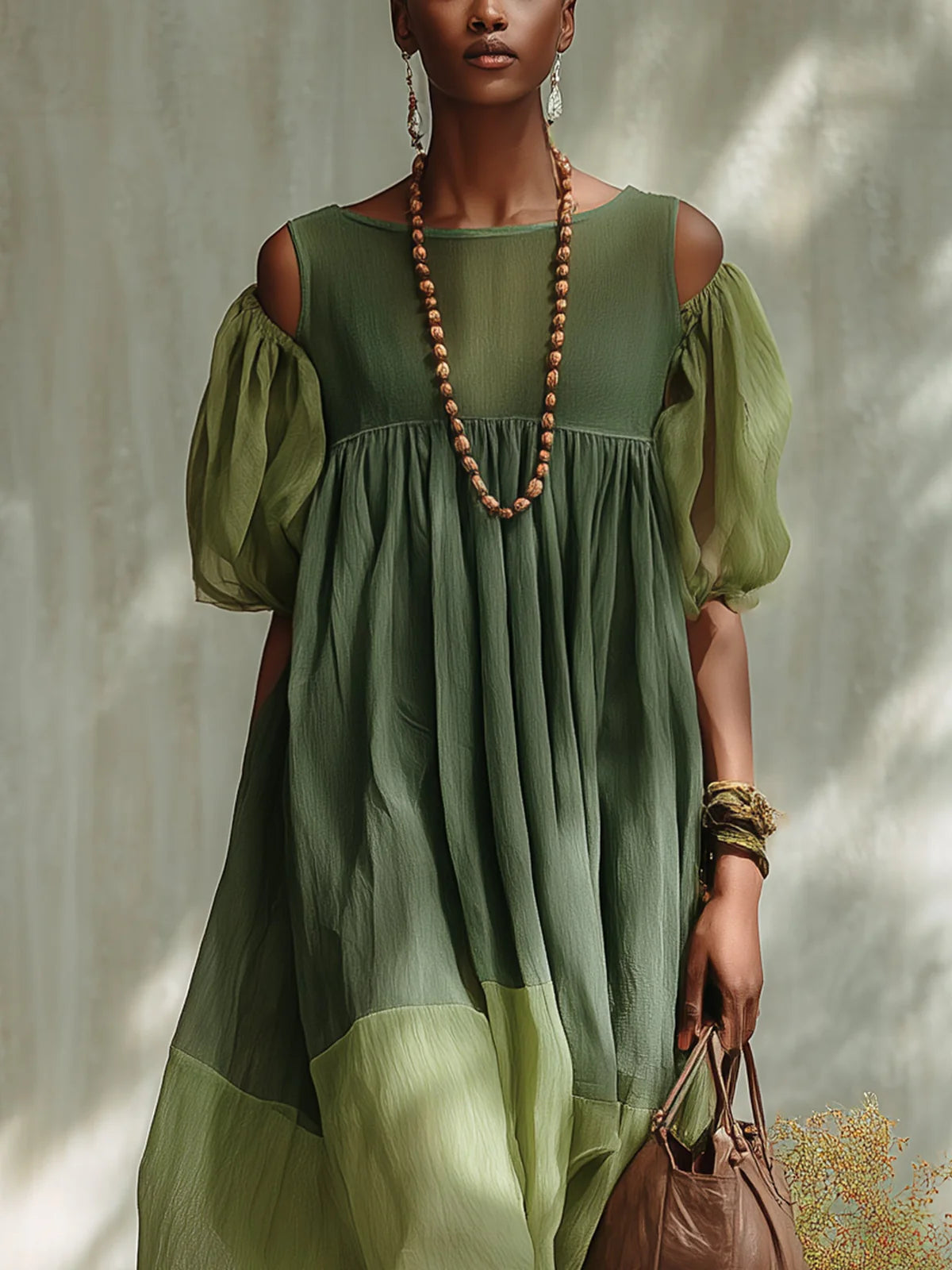 Vestido Midi de Chiffon Verde con Escote Bardot y Manga Corta Precio de oferta