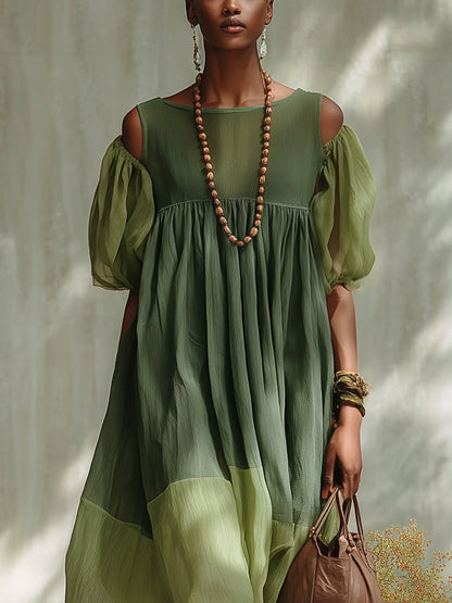 Vestido Midi de Chiffon Verde con Escote Bardot y Manga Corta Precio de oferta