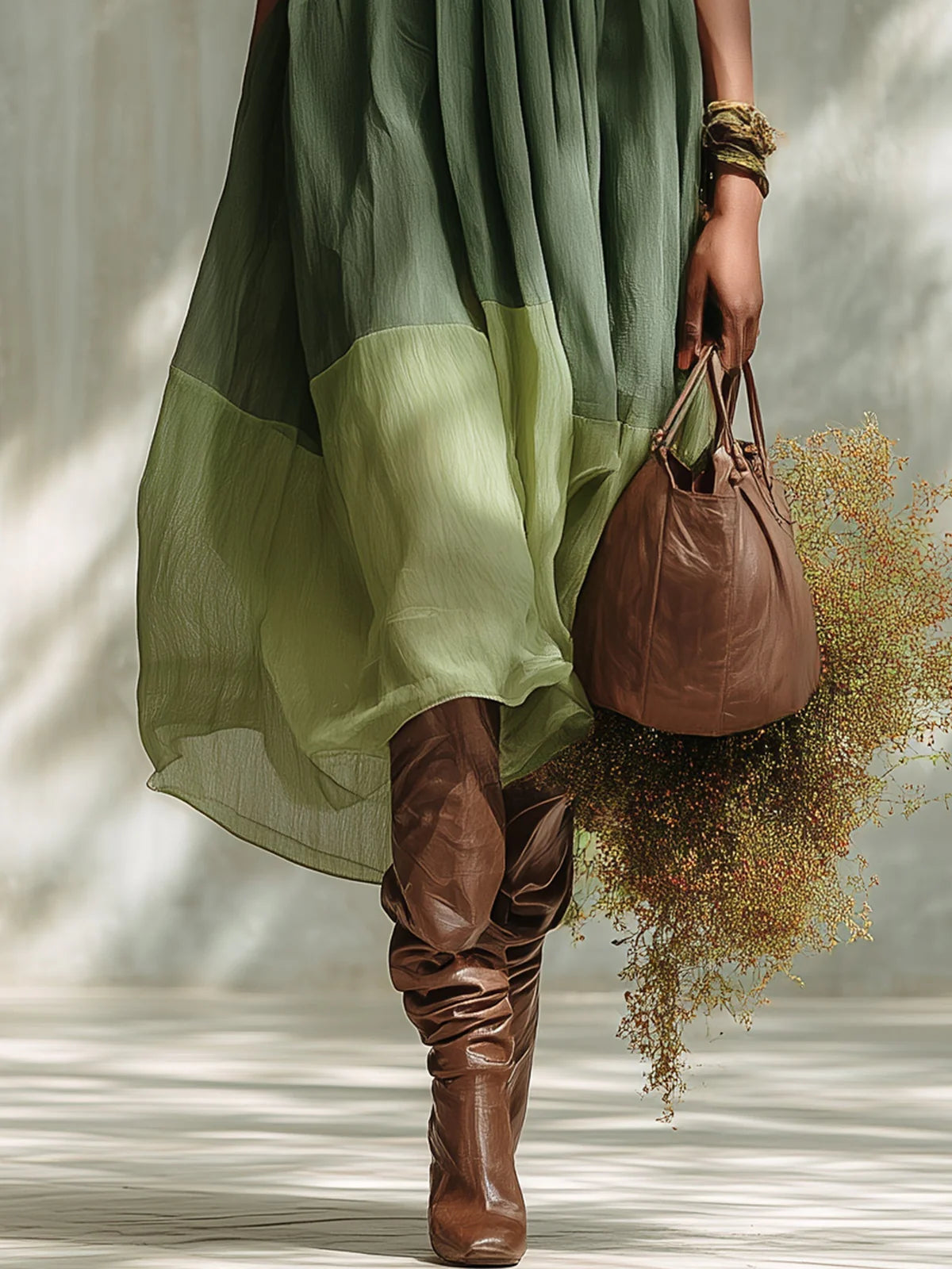 Vestido Midi de Chiffon Verde con Escote Bardot y Manga Corta Precio de oferta