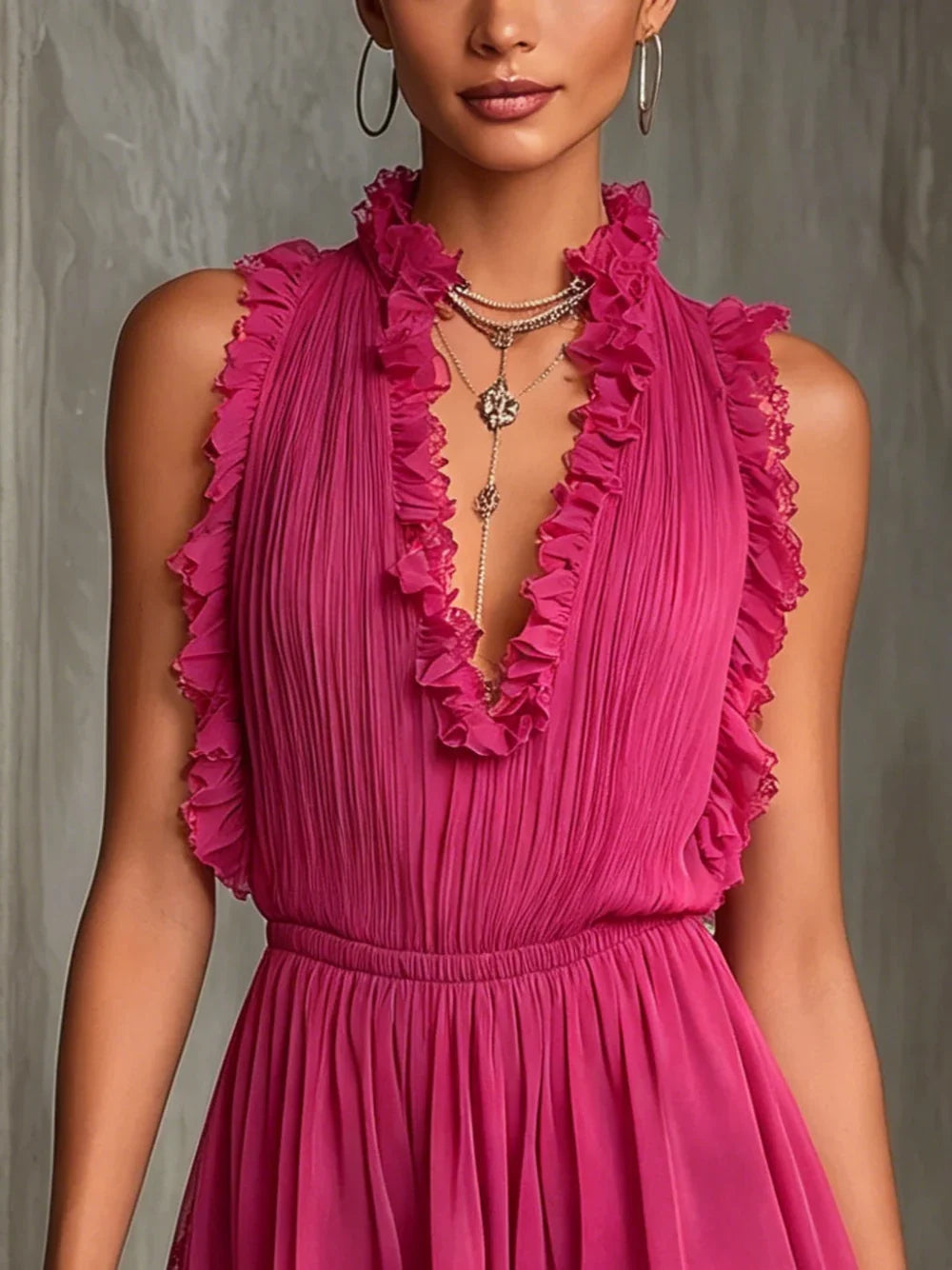 Flora Mono de Chiffon con Diseño Plisado y Ribetes a Rayas Fucsia