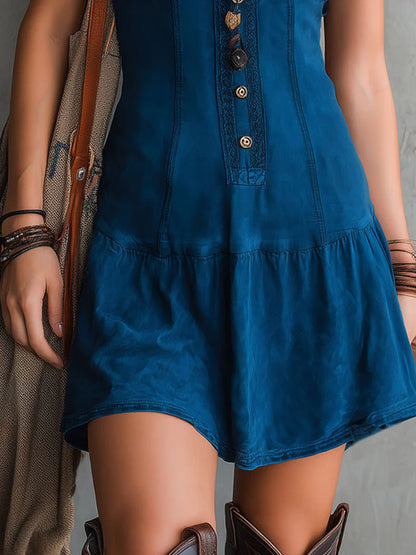 Vestido Mini Bohemio Índigo sin Mangas con Escote en V y Botones