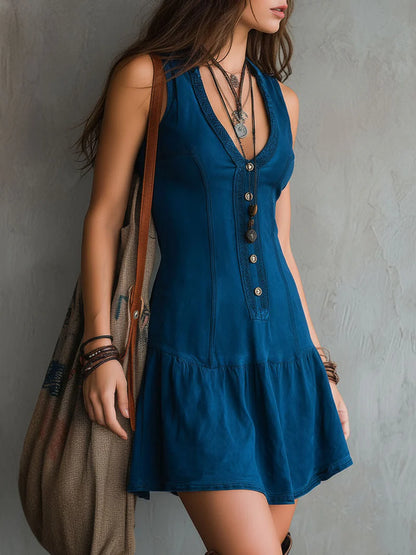 Vestido Mini Bohemio Índigo sin Mangas con Escote en V y Botones