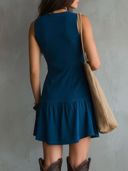 Vestido Mini Bohemio Índigo sin Mangas con Escote en V y Botones
