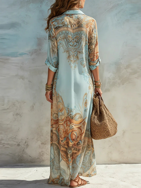 Lourdes Vestido Maxi Azul con Estampado Floral