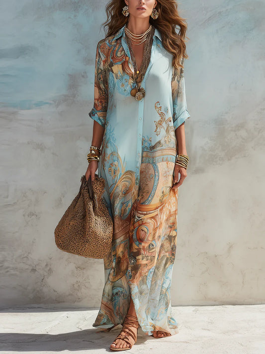 Lourdes Vestido Maxi Azul con Estampado Floral