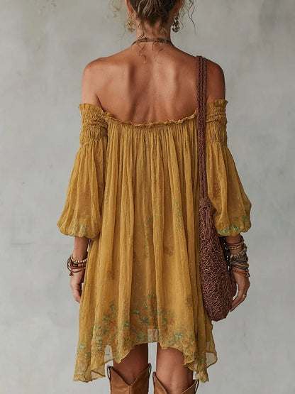 Carina Vestido Mini de Chiffon Amarillo con Escote Bardot