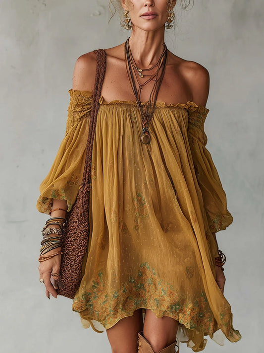 Carina Vestido Mini de Chiffon Amarillo con Escote Bardot