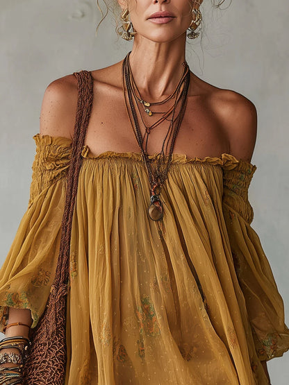 Carina Vestido Mini de Chiffon Amarillo con Escote Bardot