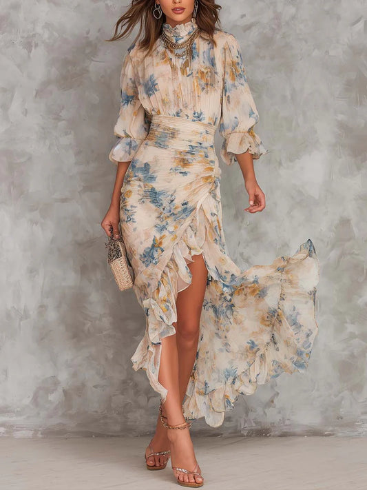 Vestido Maxi de Gasa con Estampado Floral, Cuello Alto y Bajo Asimétrico Beige