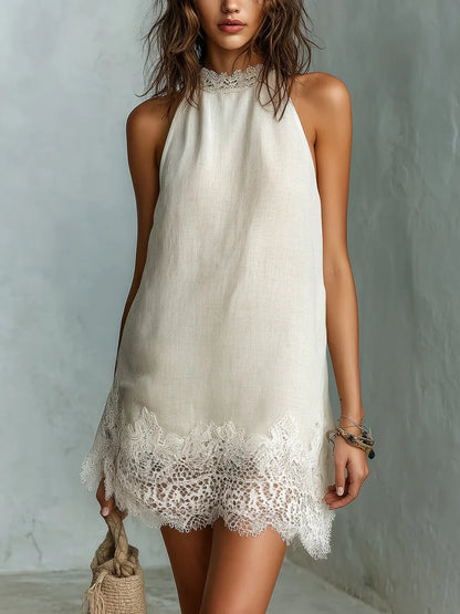 Dafne Vestido Mini Color Marfil con Escote Halter y Detalles de Encaje