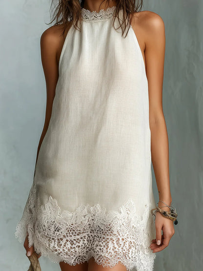 Dafne Vestido Mini Color Marfil con Escote Halter y Detalles de Encaje