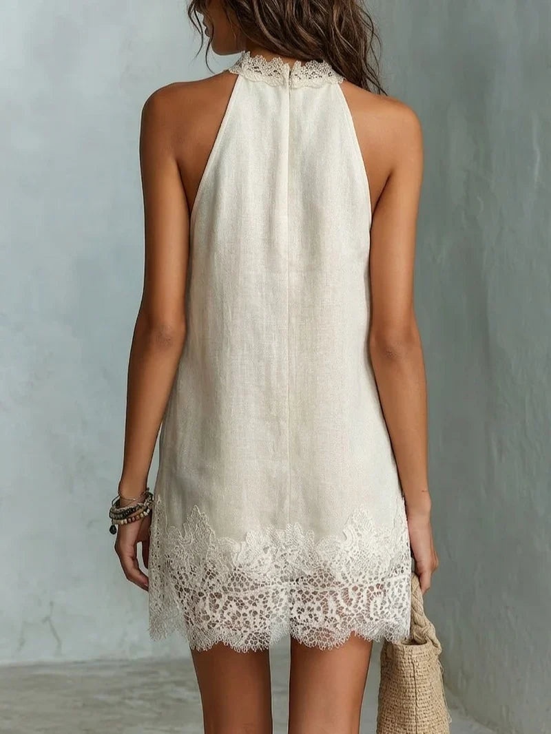 Dafne Vestido Mini Color Marfil con Escote Halter y Detalles de Encaje