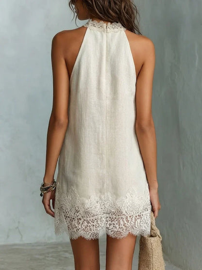 Dafne Vestido Mini Color Marfil con Escote Halter y Detalles de Encaje