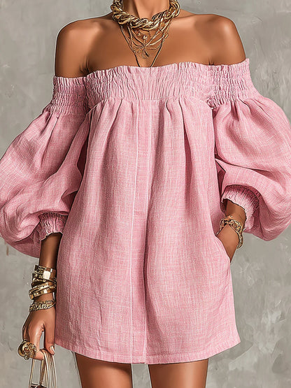 Gisela Vestido Mini Rosa en Línea A con Mangas Farol y Hombros al Descubierto