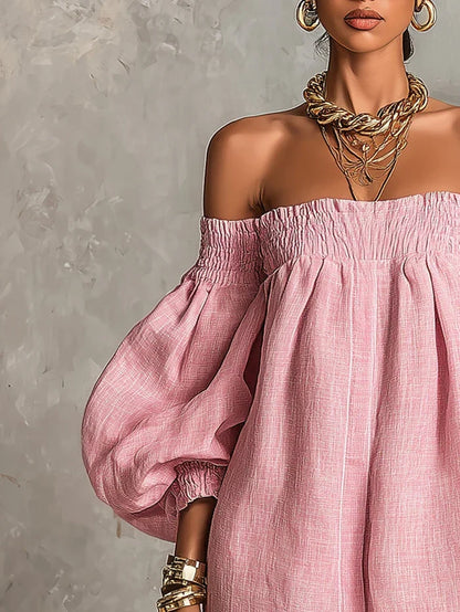 Gisela Vestido Mini Rosa en Línea A con Mangas Farol y Hombros al Descubierto