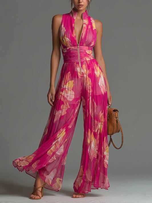Cayetana Mono Sin Mangas de Gasa Plisada con Cremallera y Estampado Floral Fucsia