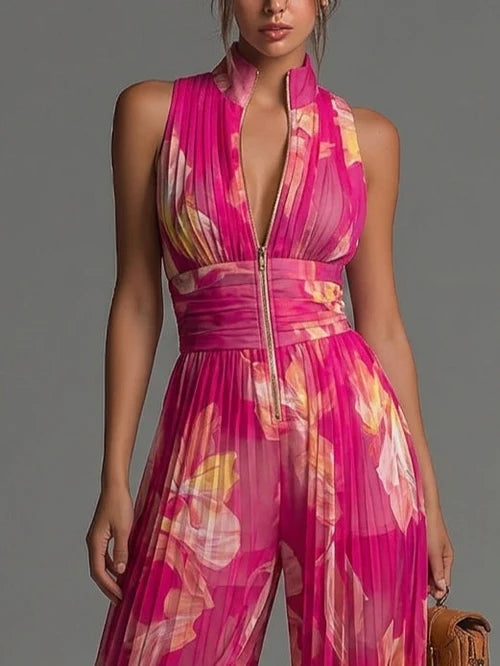 Mono Sin Mangas de Gasa Plisada con Cremallera y Estampado Floral Fucsia
