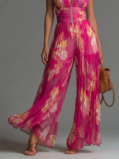Mono Sin Mangas de Gasa Plisada con Cremallera y Estampado Floral Fucsia