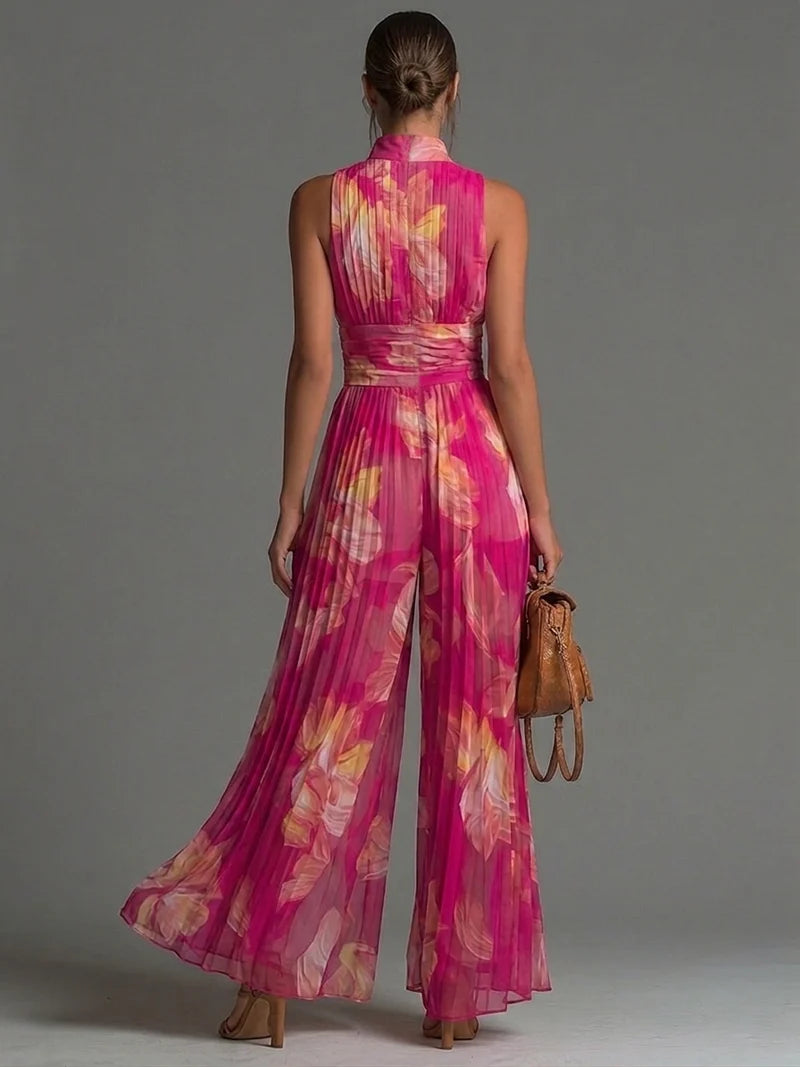 Mono Sin Mangas de Gasa Plisada con Cremallera y Estampado Floral Fucsia