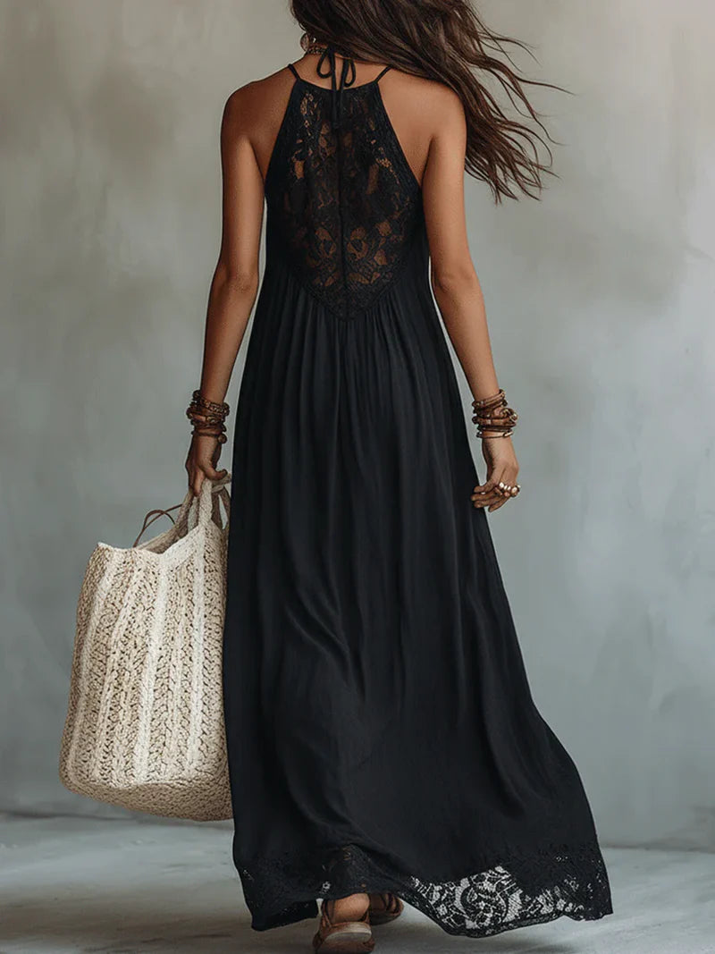 Vestido Maxi Negro Sin Mangas con Detalles de Encaje Bohemio Precio rebajado