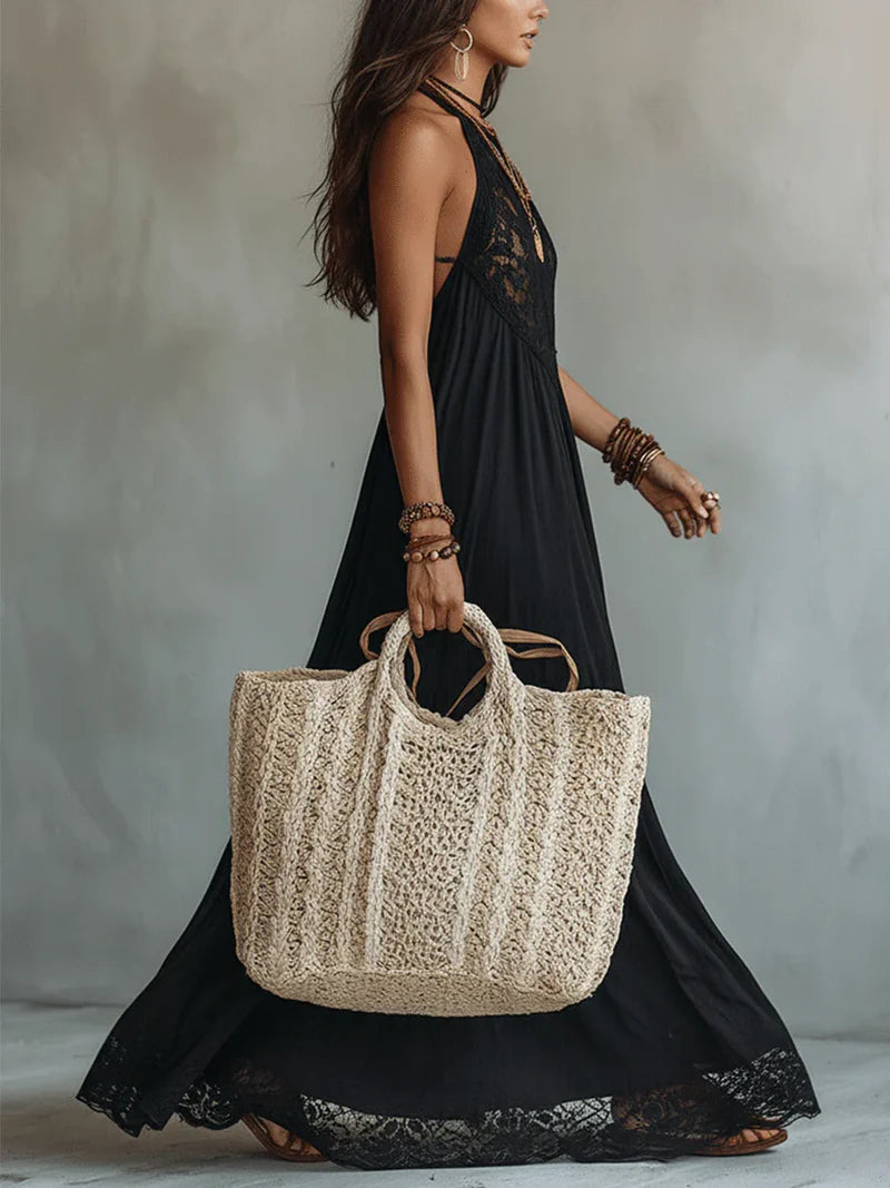Vestido Maxi Negro Sin Mangas con Detalles de Encaje Bohemio Precio rebajado